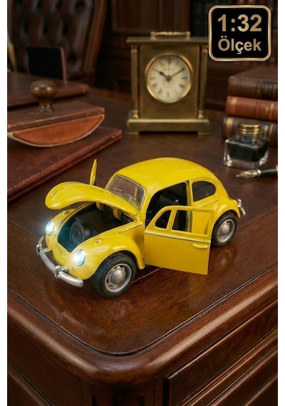 Metal Çek Bırak Beetle Vosvos Araba 1:32 Ölçek Sesli Işıklı Kapıları Açılan Diecast Model - Sarı Çok Renkli