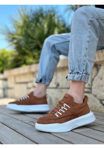 Ba0332 Merdiven Desen Bağcıklı Erkek Yüksek Taban Taba Süet Beyaz Taban Spor Ayakkabı 001