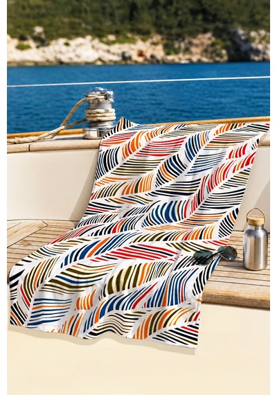 Tropikal Yaprak Desenli Modern Plaj Havlusu - Bohem Çizgili Renkli Hızlı Kuruyan Mikrofiber Havlu Çok Renkli