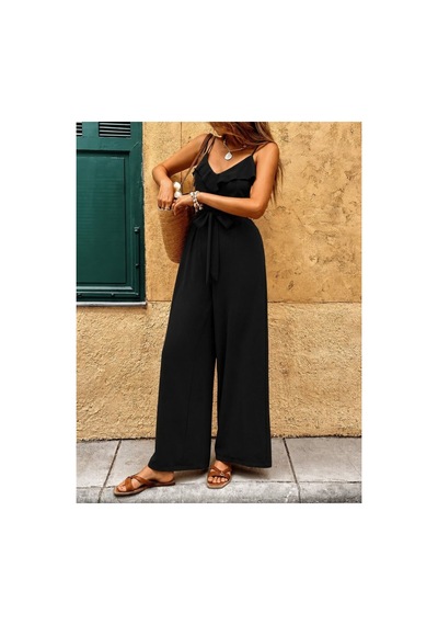 Butik İstanbul Kadın Ip Askılı V Fırfır Yakalı Beli Kuşaklı Uzun Sandy Tulum Siyah