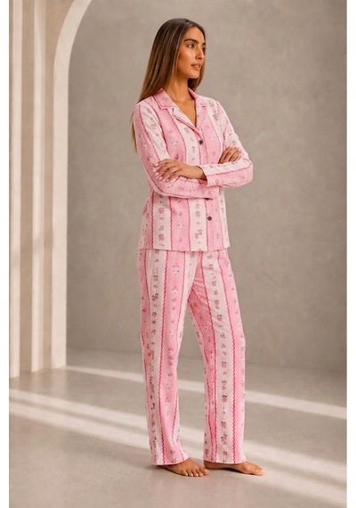 Kadın Önden Düğmeli Uzun Kollu Alt Üst Pembe Pijama Takımı
