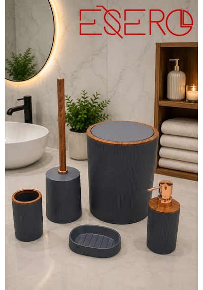 351 Gri 5 Parça Banyo Aksesuar Seti Çöp Kovası Sıvı Sabunluk Diş Fırçalık Sabunluk Wc Fırçası Antrasit Ahşap Desenli