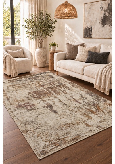Vivanni Home Everlynn Polyester Vintage Halı Pamuk Atkı Tabanlı Modern Dokuma Ev Halısı Multi Tan
