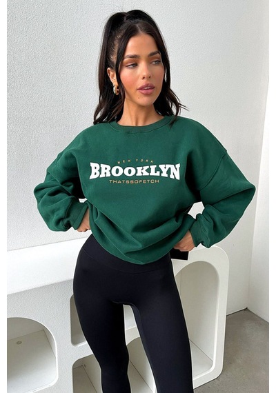 Brooklyn Thatssofetch Sweatshirt - Yeşil Baskılı Oversize Bisiklet Yaka Yeşil