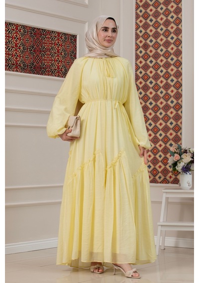 Sevitli Eteği Büzgü Detaylı Mira Tesettür Elbise-sarı-5737