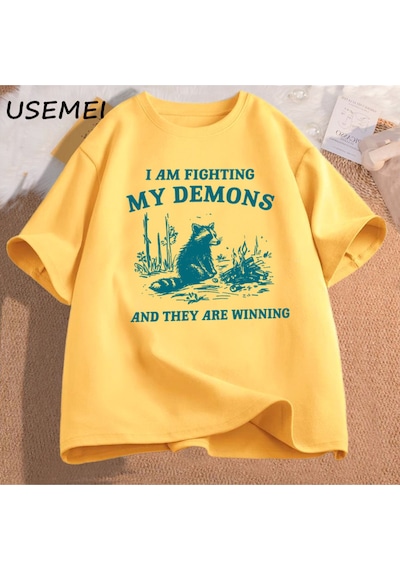 Flood Of Style Ben Benim Demons Rakun Meme T Shirt Mücadele Ediyorum Komik Grafik Baskılı Tişört Erkek Kadın Sarı