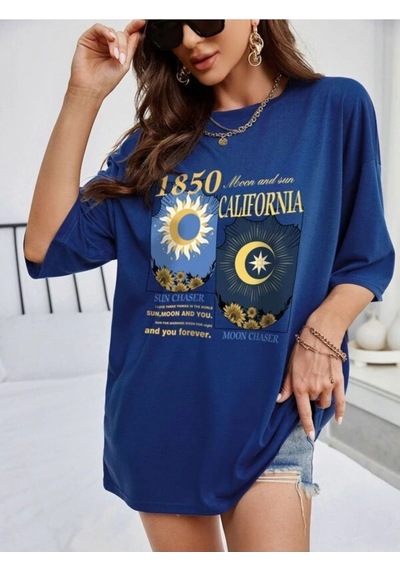 Flood Of Style Kadın Mavi 1850 Oversize Bisiklet Yaka Tshirt