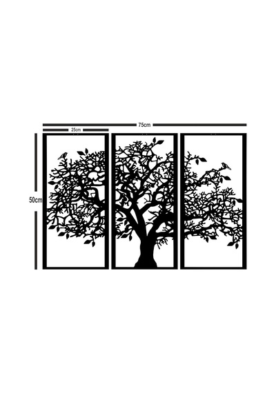 3 Panel Aile Ağacı Metal Duvar Dekoru, Siyah, 76x51cm Diğer