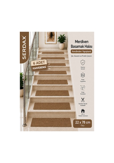Kendinden Yapışkanlı Basamak Halısı Halıflex Kaymaz Kahverengi 22 Cm X 78 Cm Kahverengi Kahverengi