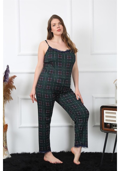 Akbeniz Kadın Büyük Beden Yeşil Ekoseli İp Askılı Pijama Takım 202197-yeşil Yeşil