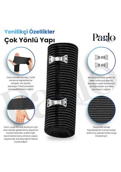 Parlo Siyah Elastik Bandaj 20 Cm X 1,5 M 3 Lü Set %300 Esnek, 4,5 M Ye Kadar Uzayan, Metal Kancalı Destek Ve Sargı Bandajı