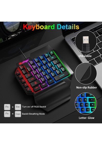 Tek El Rgb Oyun Klavyesi, Usb Kablolu Gökkuşağı Harfleri Parlayan Tek El Klavyesi Bilek Desteği Multimedya Tuşlar