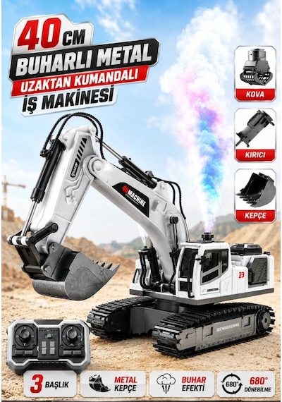 Metal Başlıklı Buharlı 1:18 Ölçekli Uzaktan Kumandalı 10 Fonksiyonlu 2.4 Ghz Oyuncak Ekskavatör Beyaz