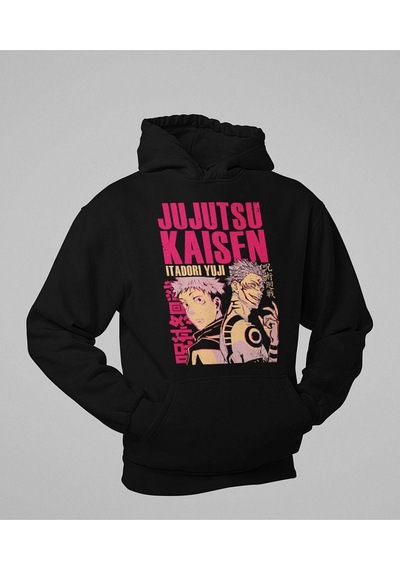 Jujutsu Kaisen Itadori Yuji Baskılı Unisex Oversize Anime Hoodie Siyah