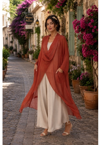 Eren Style Italyan Ipek Detaylı Oversize Kaftan & Bluz Kiremit