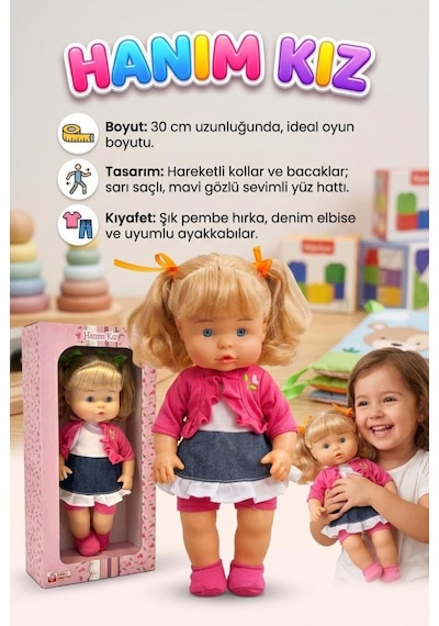 Sevimli Hanım Kız 30cm Kolları Ve Bacakları Hareket Eden Elbiseli Ve Aksesuarlı Oyuncak Et Bebek 1