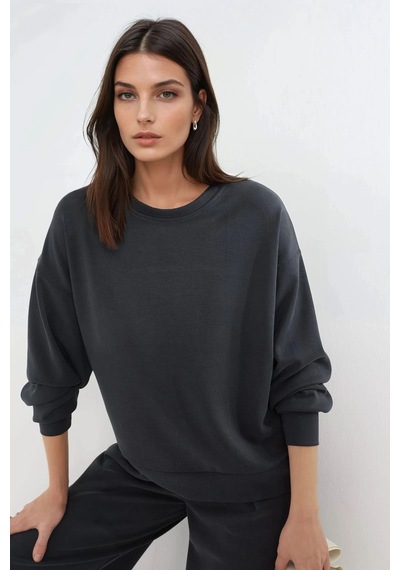 Hiccup Busem Rahat Kesim Bisiklet Yaka Modal Sweatshirt Kömür Grisi