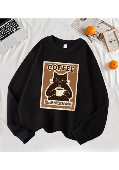 Startmore Startmoreçünkü Cinayet Yanlış Kahve Siyah Kedi Baskı Kazak Kadın Sonbahar Rahat Hipster Yumuşak Kazak