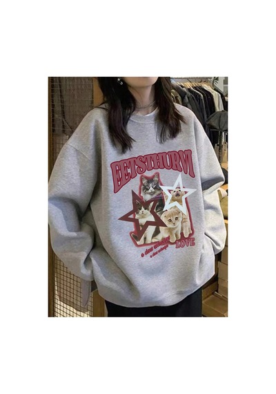 Tarzsokak Mektup Ve Kedi Desenli Düşük Omuz Büyük Beden Sweat Gri