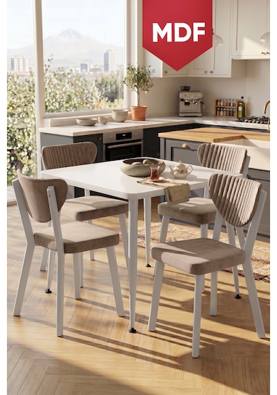 Estro Serisi Mdf Sabit 90x90 Beyaz Mutfak Masası Takımı 4 Adet Sandalye Beyaz Masa Cappucino Sandalye Estro Serisi Mdf Sabit 90x90 Beyaz Mutfak Masası Takımı 4 Adet Sandalye Beyaz Masa Cappucino Sandalye