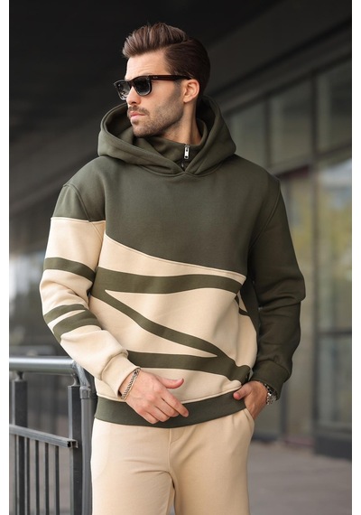 Madmext Haki Kapüşonlu Fermuar Yaka Desenli Erkek Sweatshirt E7162 Haki