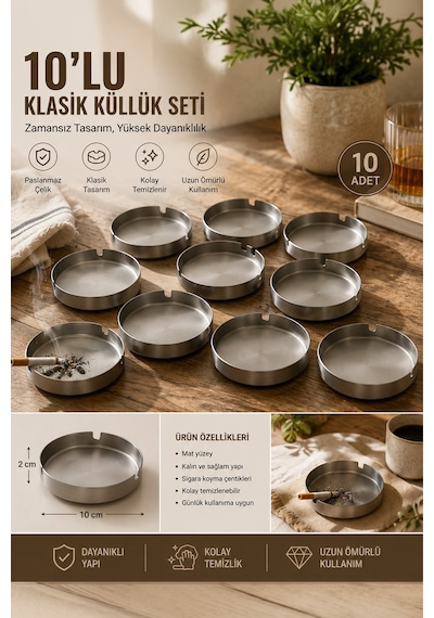 Porsima Etn Küllük - Paslanmaz Çelik 10 Lu Kül Tablası - Küllük Seti