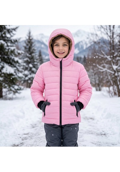 Merdia Kids Kız Çocuk Düz Çizgili Su Ve Rüzgar Geçirmez İçi Kürklü Mont Pembe