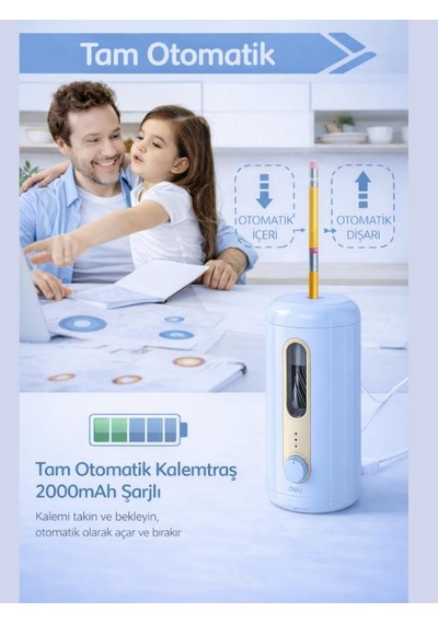 Va10 Mavi Şarjlı Otomatik Elektrikli Kalemtıraş 2000mah 5 Kademe Uç Ayarlı, 6.9-12mm Jumbo Uyumlu, Type-c, Geniş Hazneli