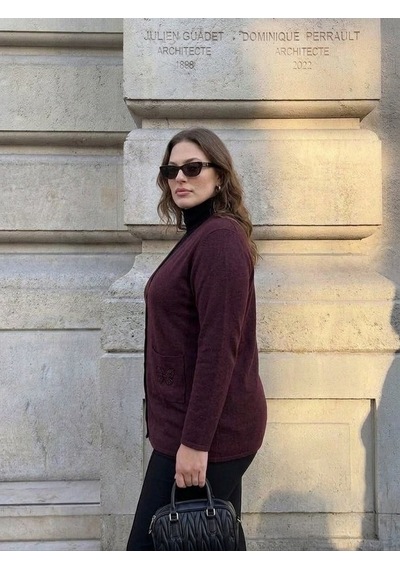 Onno Style Women Cebi Kelebek Taşlı Çelik Örgü Klasik Triko Ceket Bordo