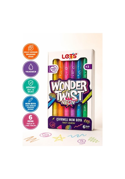 Let's Wonder Twist Neon Çevirmeli Mum Boya 6 Renk Çok Renkli