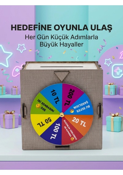 Mey İthalat Şans Çarklı Hediyelik Tasarruf Kutusu Eğlenceli Para Biriktirme Oyun Dekoratif Ahşap Kumbara