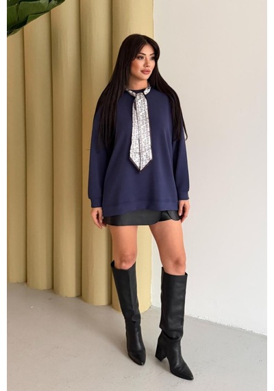 Balenbi Premium Modal Fular Detaylı Bisiklet Yaka Oversize Tunik 1177 Lacivert