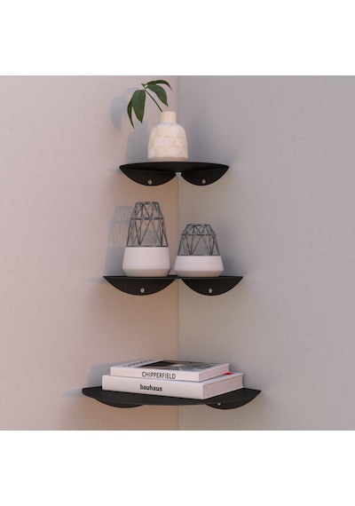 Oval Metal 3'lü Duvar Köşe Rafı Modern Dekoratif Raf Seti Siyah