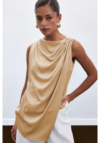 Sateen Aksesuar Detaylı Kolsuz Bluz - Camel-136918 CAMEL