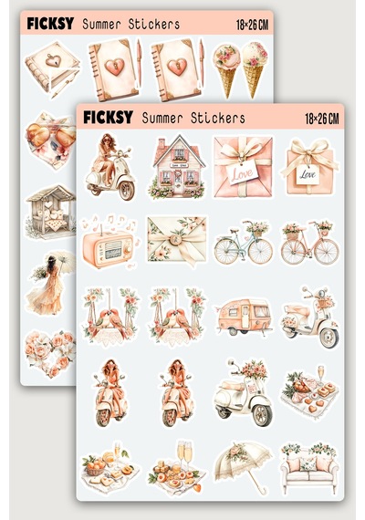 Yaz Temalı Aşk Sevgi Sticker Seti - 40 Adet Etiket Çıkartma Diğer