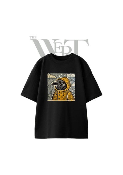 Thewert Crow Raincoat Tasarım Baskılı Ünisex Siyah Oversize T-shirt
