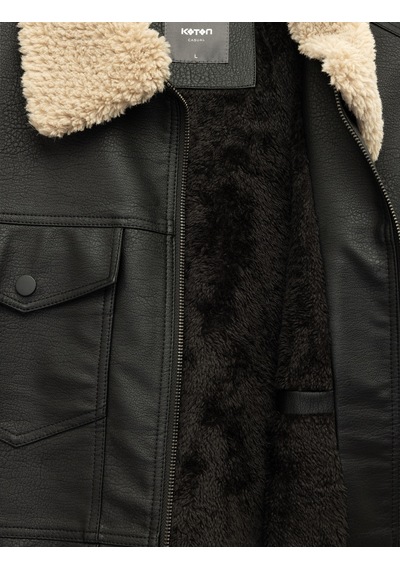 Koton Uzun Kollu Kapaklı Cep Detaylı Slim Fit Peluş Yaka Suni Deri Ceket Siyah 6wam20128hw