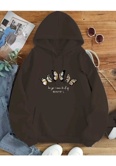 Kozia Outdoors Beautıful 3 Kelebek Baskılı Kapşonlu Sweatshirt Kahverengi