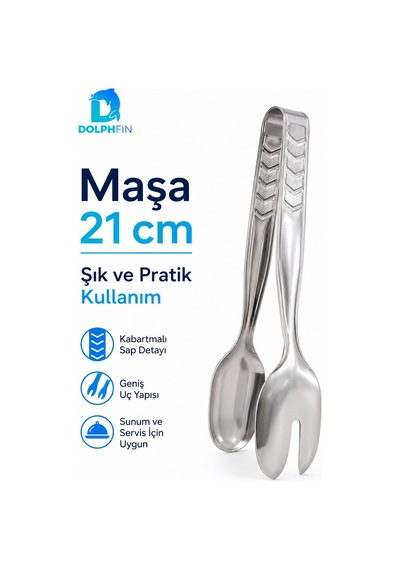 21 Cm Çelik Salata Servis Maşası Kaşık Ve Çatal Uçlu Sunum Maşası Gümüş