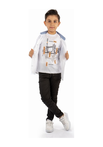 Mnk Baby & Kids Çift Cepli Gömlek , Pantolon , T-shirt 3parça Pamuklu Erkek Çocuk Takım Mnk965 Beyaz