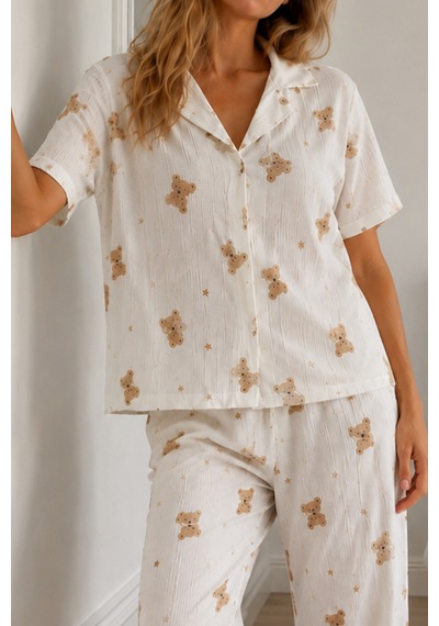 Kadın Loose Kalıp Pamuklu Kırık Beyaz Pijama Takımı