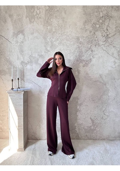 Hopıan Kadın Bordo Fermuarlı Yarasa Kol Crop Sweatshirt