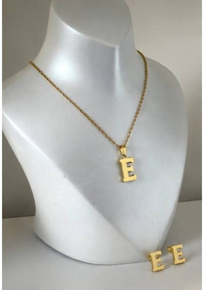 Lunarie E Harfi 14k Gold Çelik Harf Kolye Küpe Takı Seti Altın