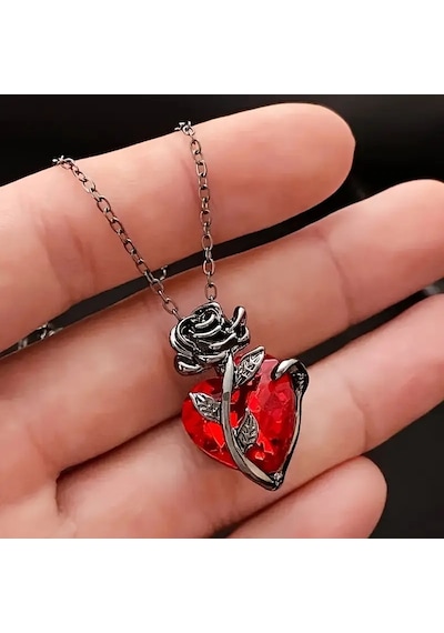 Kadın Kolye Heartrose Kadın Kolye Gül Kalp Detaylı Gotik Koyu Zincir Tasarım Çok Renkli