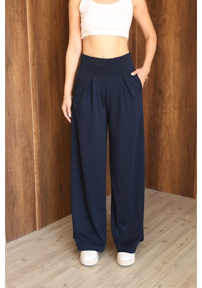 Ozy Fashion Kadın Modal Kumaş Yüksek Bel Pileli Geniş Paça Cepli Eşofman Altı Lacivert