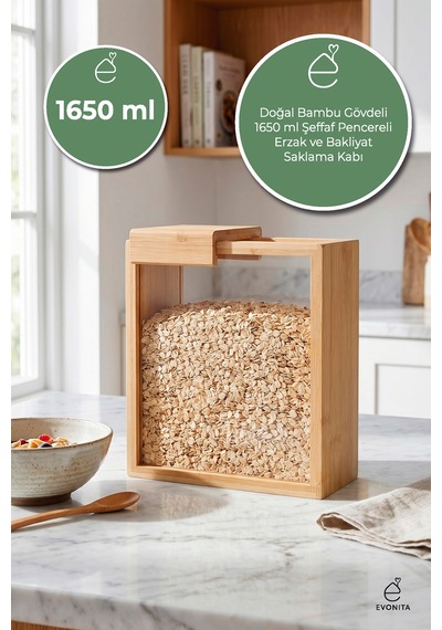 1650 Ml Bambu Kapaklı Erzak Kabı Bakliyat Saklama Kabı Mutfak Organizer Tekli Saklama Kutusu Kahverengi