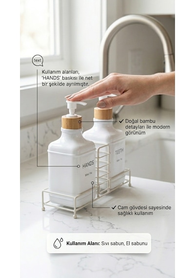 Makri Home Stantlı Bambu Kapaklı İkili Cam Sıvı Sabunluk & Deterjanlık Seti 2 500 Ml, 22,5 8,5 24 Cm Beyaz