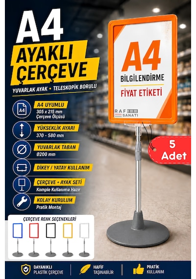 5 Adet - A4 Ayaklı Çerçeve Seti Yuvarlak Tabanlı Teleskopik Fiyat Etiketi Standı Turuncu