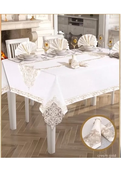 Elegant Linen Yemek Takımı Masa Seti 12 Kişilik 26 Parça Supla Runner Set Krem-gold