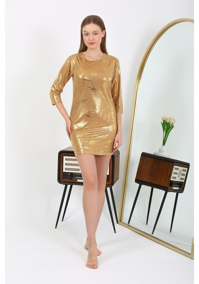 Modi Moda Çizgi Kadın Micro Kumaş Mini Parlak Elbise 7420 Sarı
